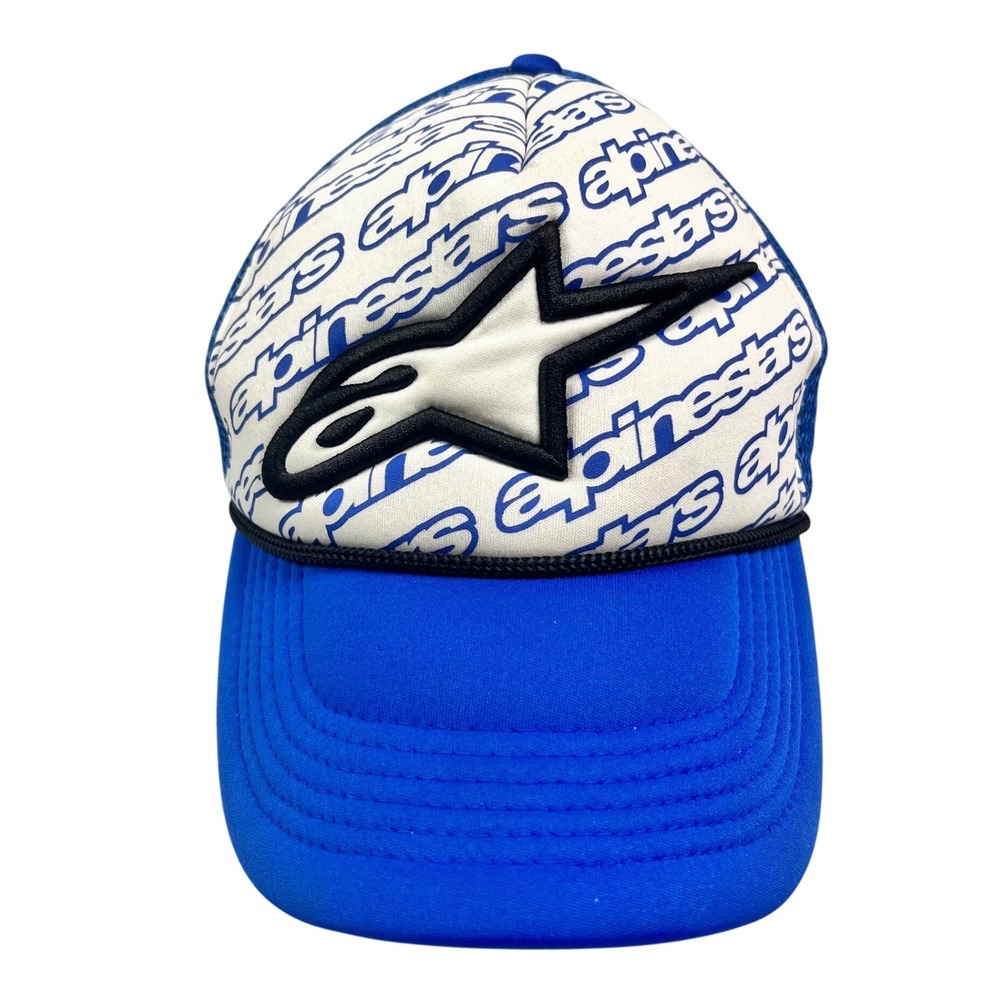 Alpinestars Blue White Logo Print Trucker Hat‎ Snapback Mesh Cap Moto Racing